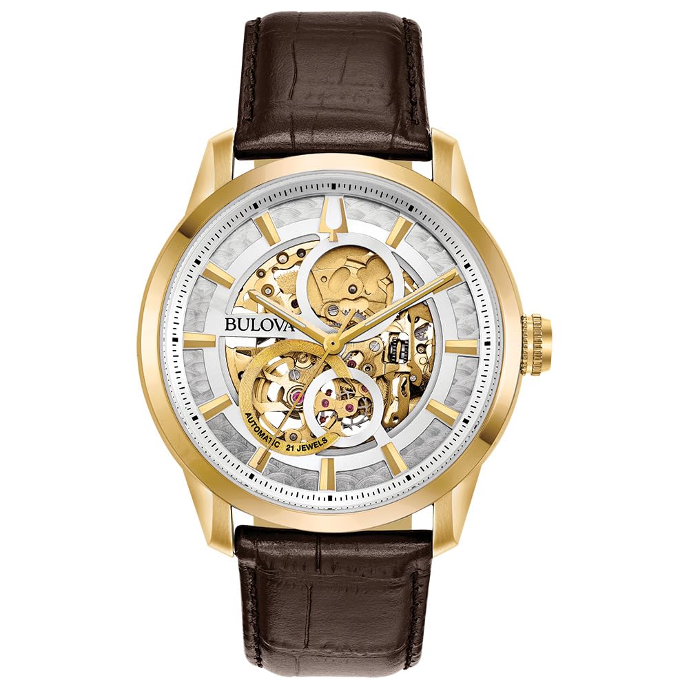 Bulova Men'S 43Mm Classic Sutton Automatic Watch, Skeleton Dial & Brown Leather Strap, 97A138