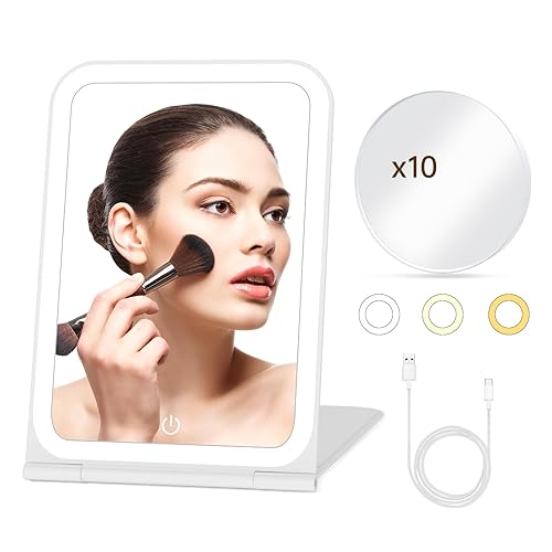 Rayocon Lighted Travel Makeup Mirror – 10X Magnifying, Dimmable Touch, 72 Leds, Portable, White