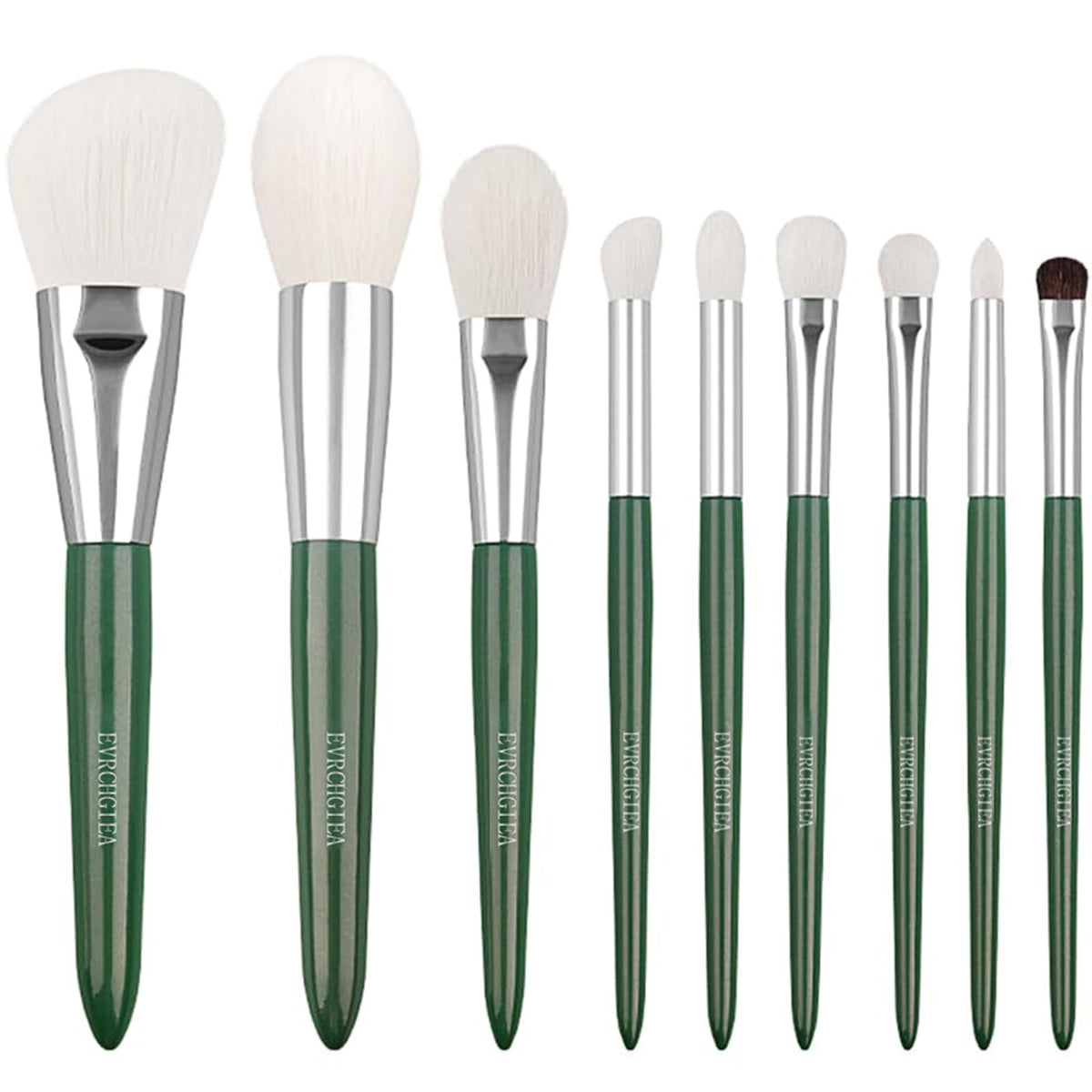 Evrchgiea Natural Goat Hair Makeup Brush Set, 9 Ultra Soft Face & Eye Brushes, Green