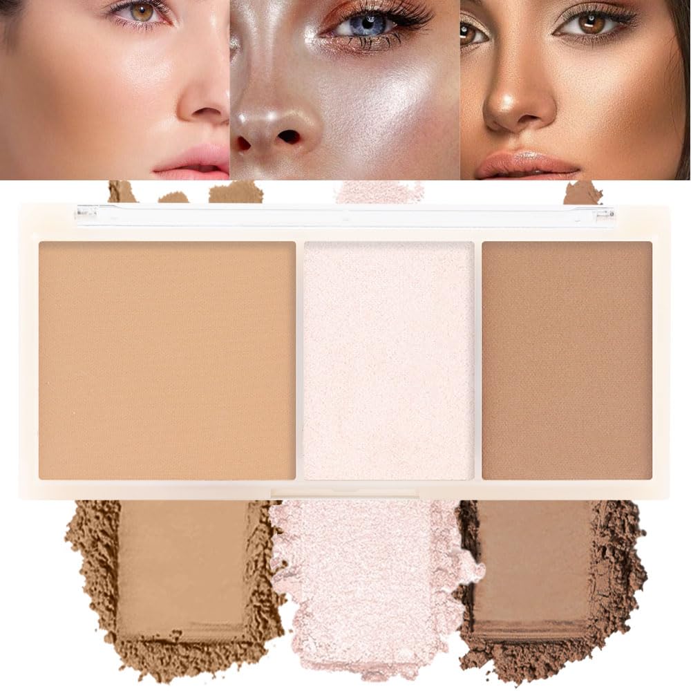 Suake 3 In 1 Brown Nude Face Highlight & Bronzer Powder Palette - Buildable Matte Contour 0.36Oz