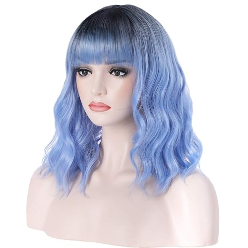 BERON 14&quot; Black Blue Ombre Synthetic Curly Wig with Bangs for Women and Girls