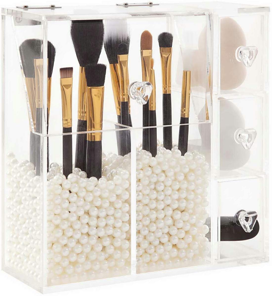 PuTwo Makeup Organizer - White Acrylic Case with 1 Brush Holder & 3 Drawers, 8.7x3.3x