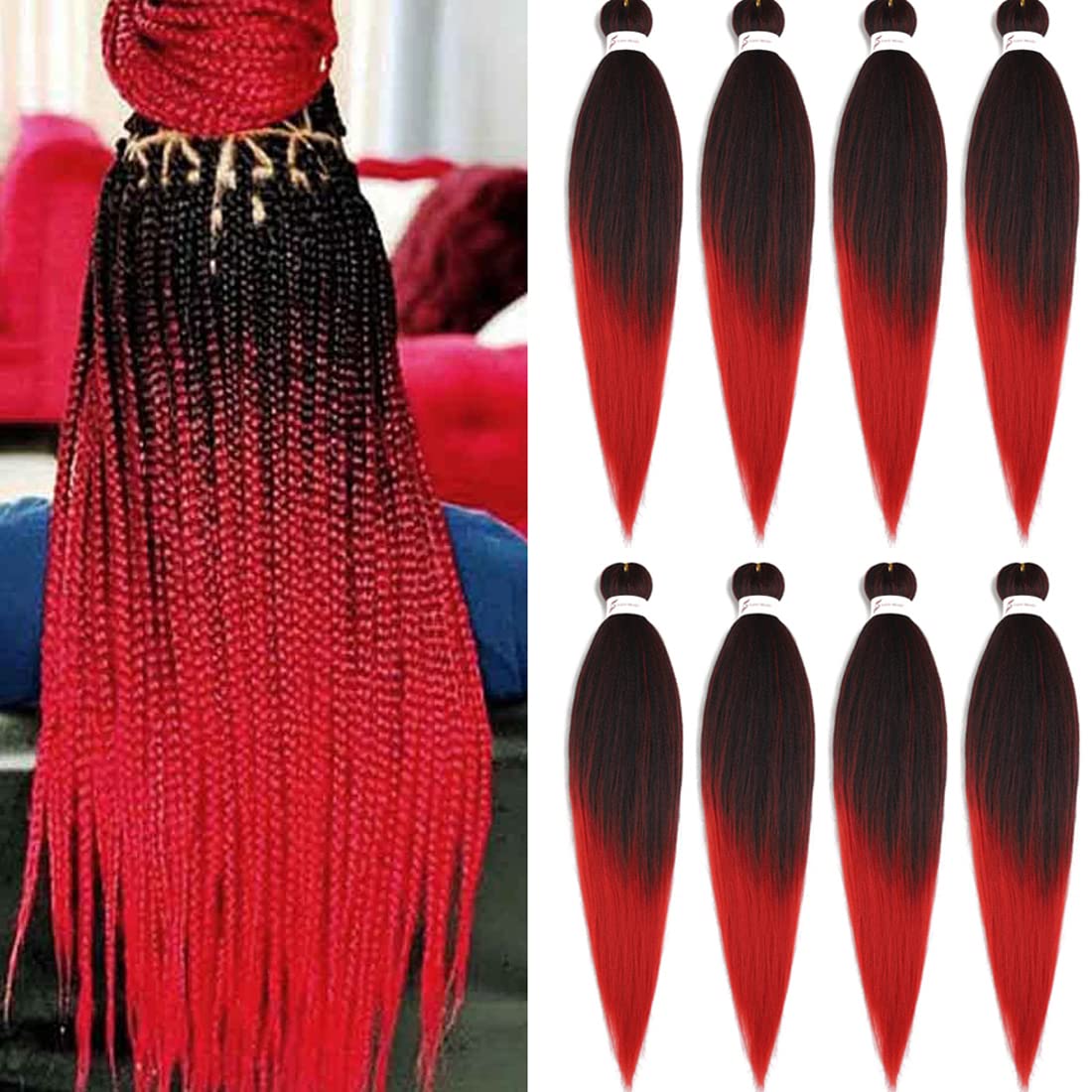 Hensleely 26&quot; Pre Stretched Braiding Hair Extensions, 8 Packs Mixed Black & Red, Synthetic Braid