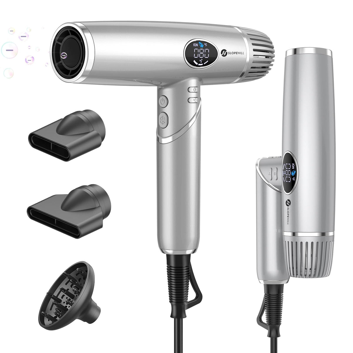 Slopehill Professional Foldable Hair Dryer, Ionic High-Speed Blow Dryer With Lcd Display, Silver