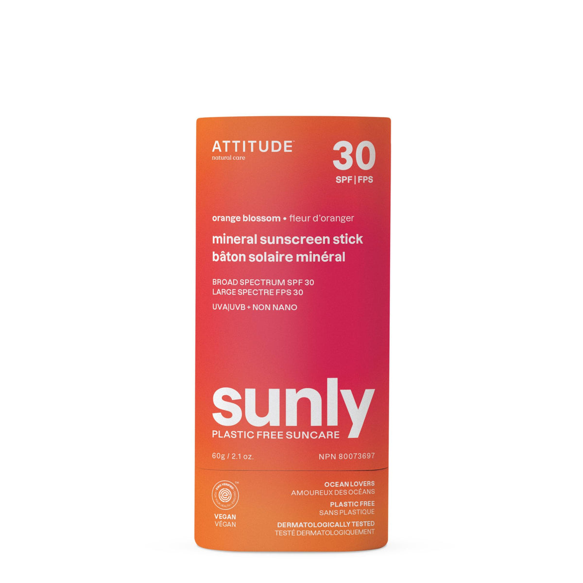 Attitude Mineral Sunscreen Stick, Spf 30, Ewg Verified, Vegan, Plastic-Free, 2.1 Oz, Orange Blossom