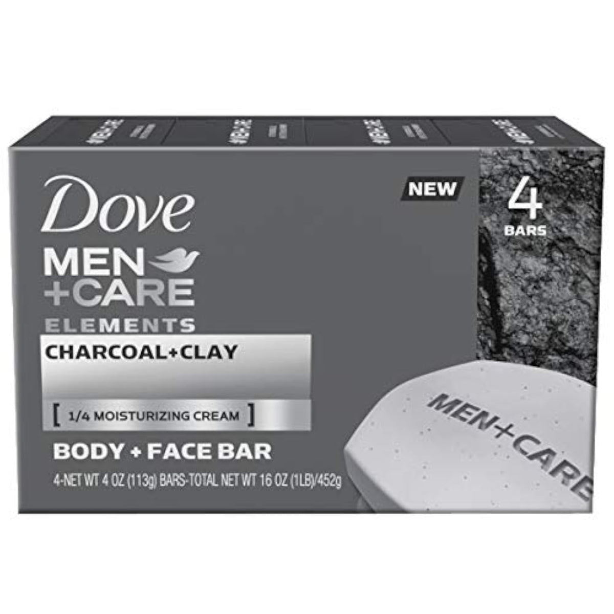 Dove Men+Care Charcoal + Clay Body & Face Bar, 4 Oz - 4 Pack For Men’S Skincare