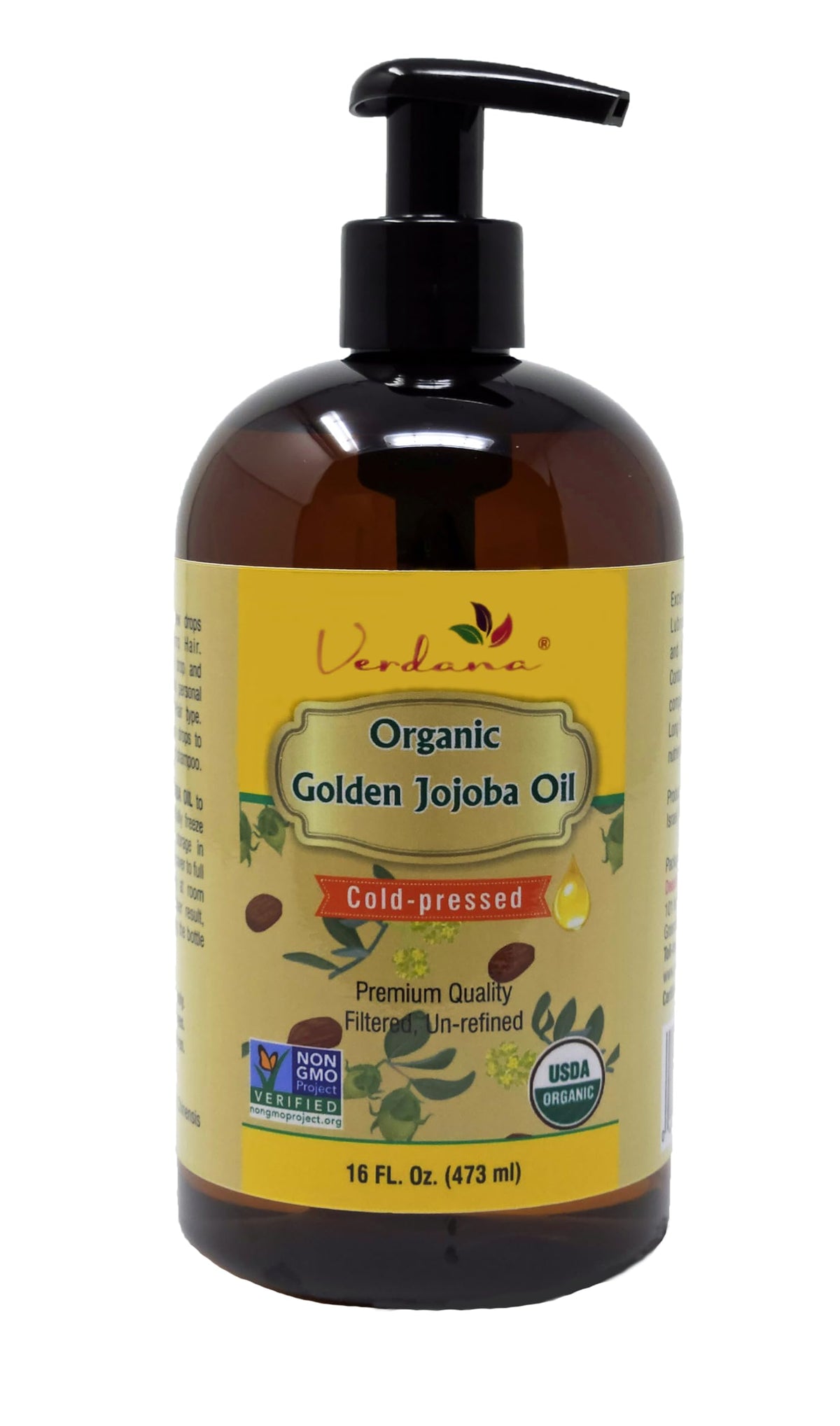 Verdana Organic Golden Jojoba Oil 16 Fl Oz - Cold Pressed, Unrefined, Moisturizing For Skin & Hair