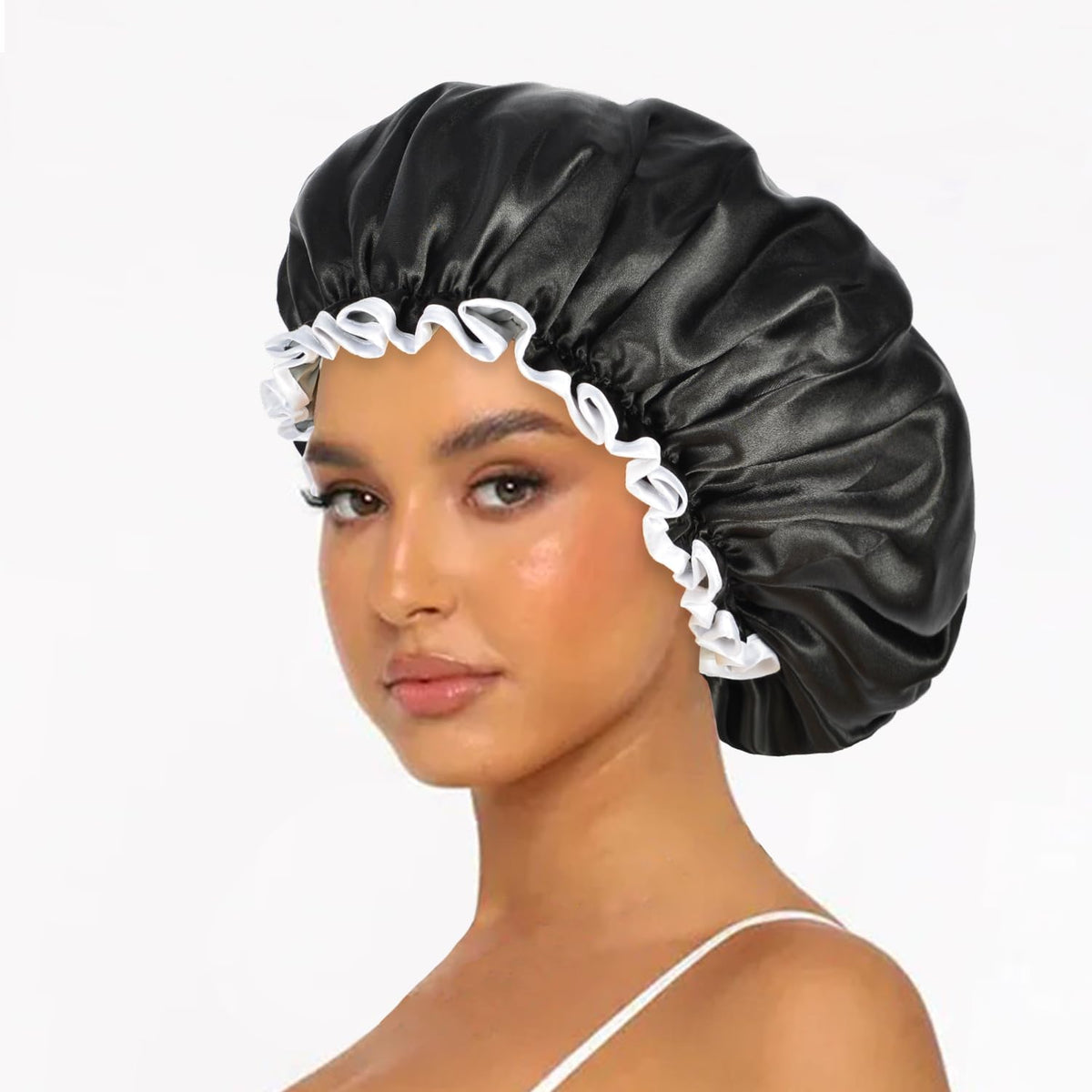 Luvruitaky Large Black Shower Cap - Reusable Waterproof Bath Hair Cap For All Hair Lengths