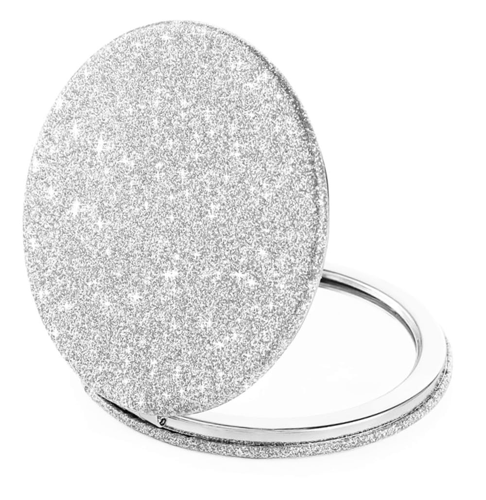 Mpowtech Silver Compact Mirror - Double-Sided 2X Magnification Travel Makeup Mirror For Women