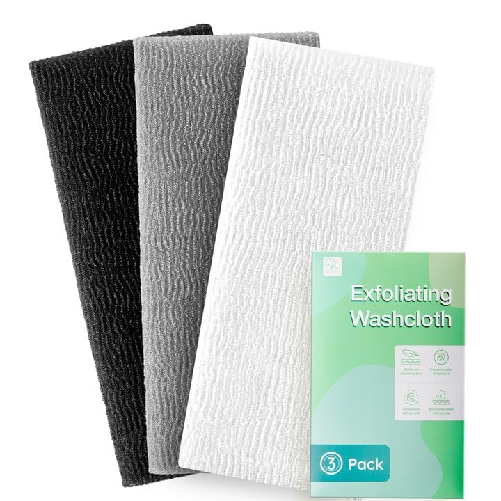 Riuota Exfoliating Washcloths - 3 Pack Nylon Shower Towels, Black White Grey Body Scrubber