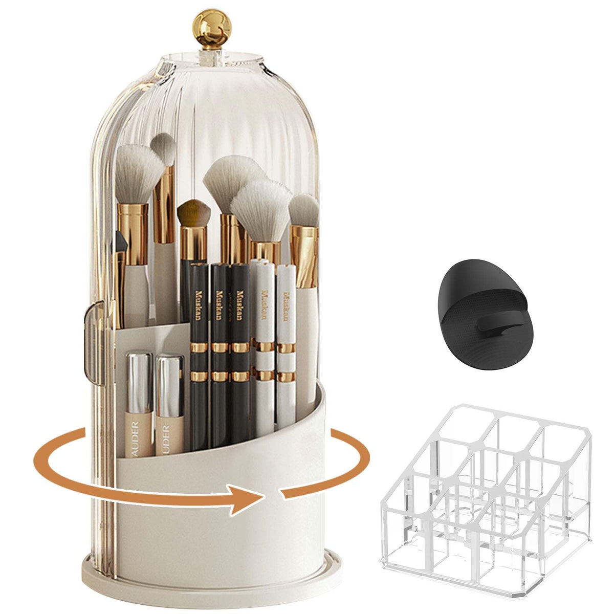 Tophome 360 Rotating Makeup Brush Organizer With Lids, Dustproof Lipstick Storage Box, White