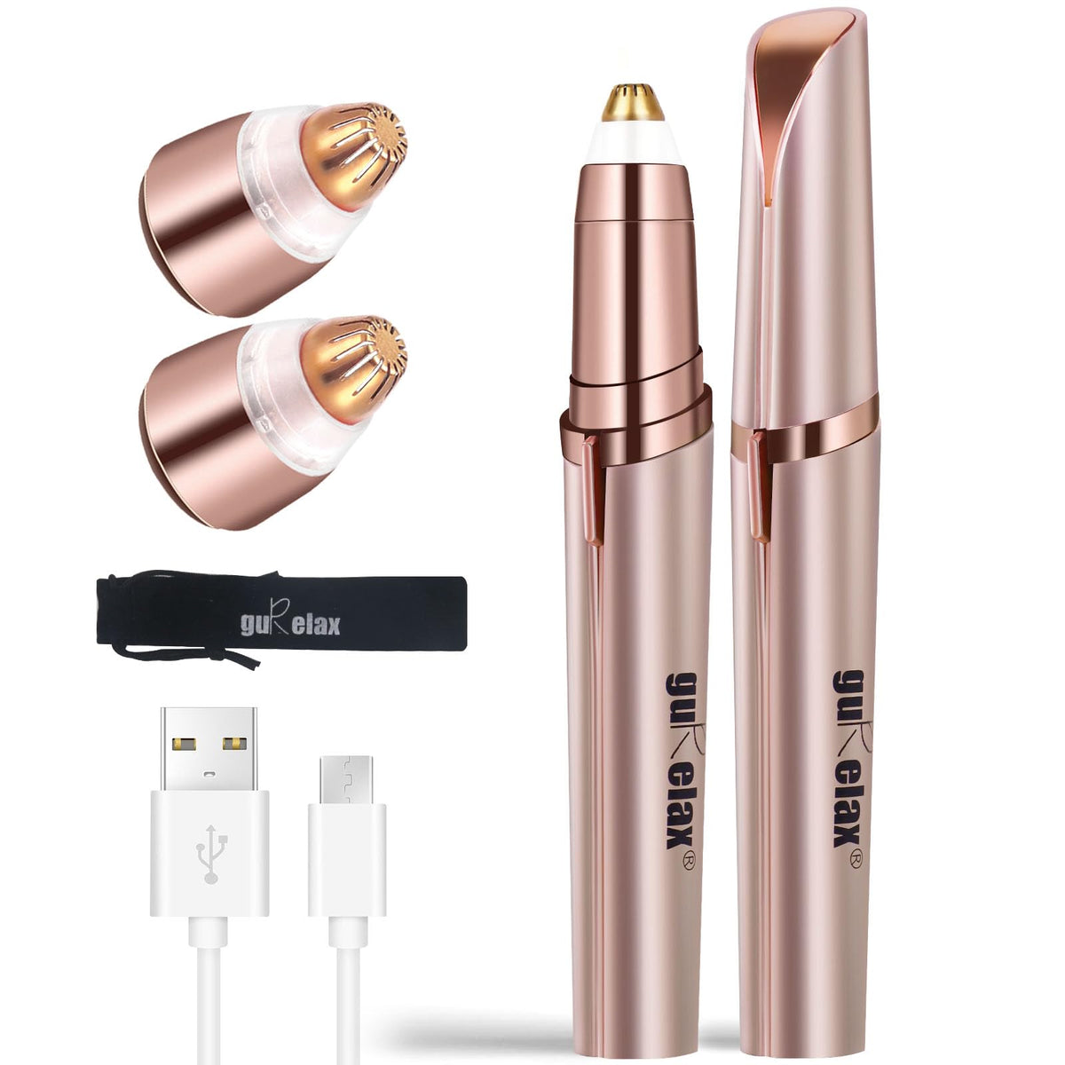 Gurelax Eyebrow Trimmer For Women - Rechargeable Painless Hair Remover, Rose Gold, 2 Replacement Heads