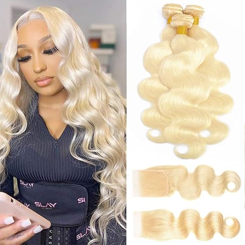 ROYAL IMPRESSION 613 Blonde Body Wave Hair Bundles with Closure, 12A Grade Human Hair, 22-26&quot;