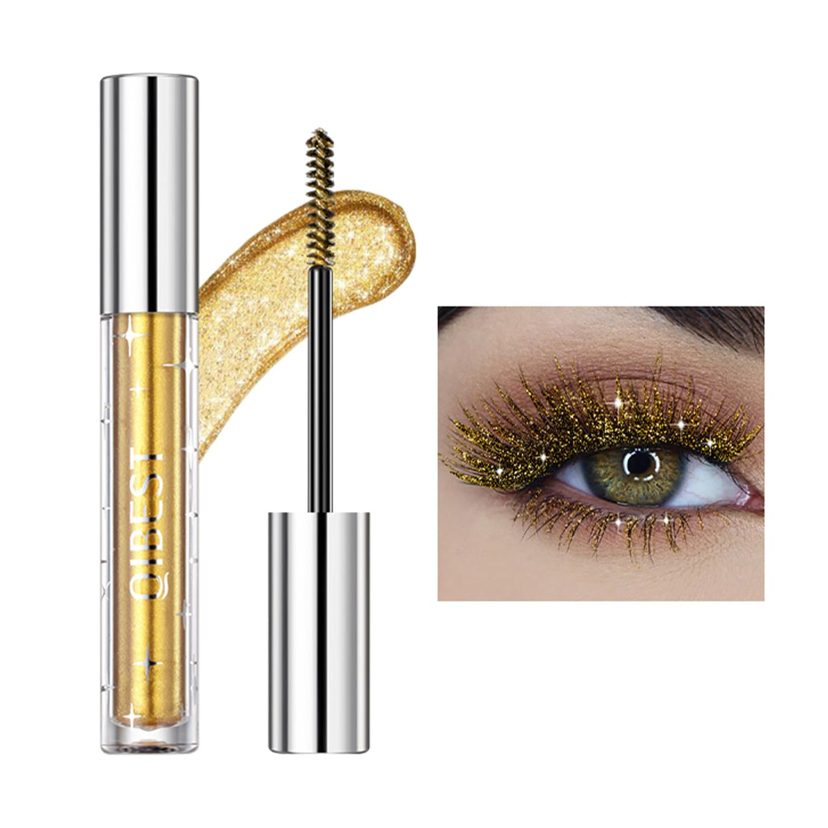 Dlzzrs Colored Mascara - Waterproof, Long-Lasting, Diamond Glitter #02 Gold For Volume & Curl