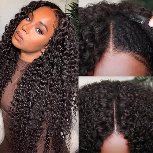 UNICE 16 Inch Curly V Part Wig - Human Hair No Leave Out, 150% Density, Glueless, Natural Black