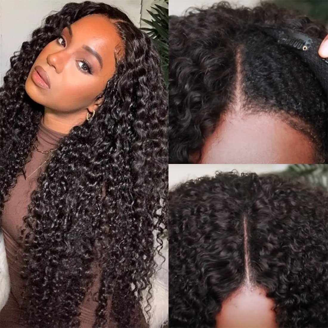 UNICE 20&quot; Curly V Part Wig, 180% Density, Glueless Human Hair, Natural Black, Beginner Friendly