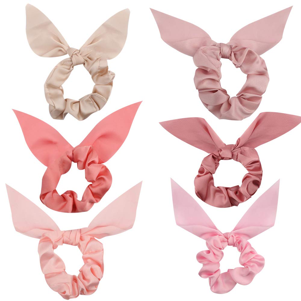 Jaciya 6 Pack Satin Silk Hair Scrunchies With Bow, Pink Chiffon Ponytail Holders For Women