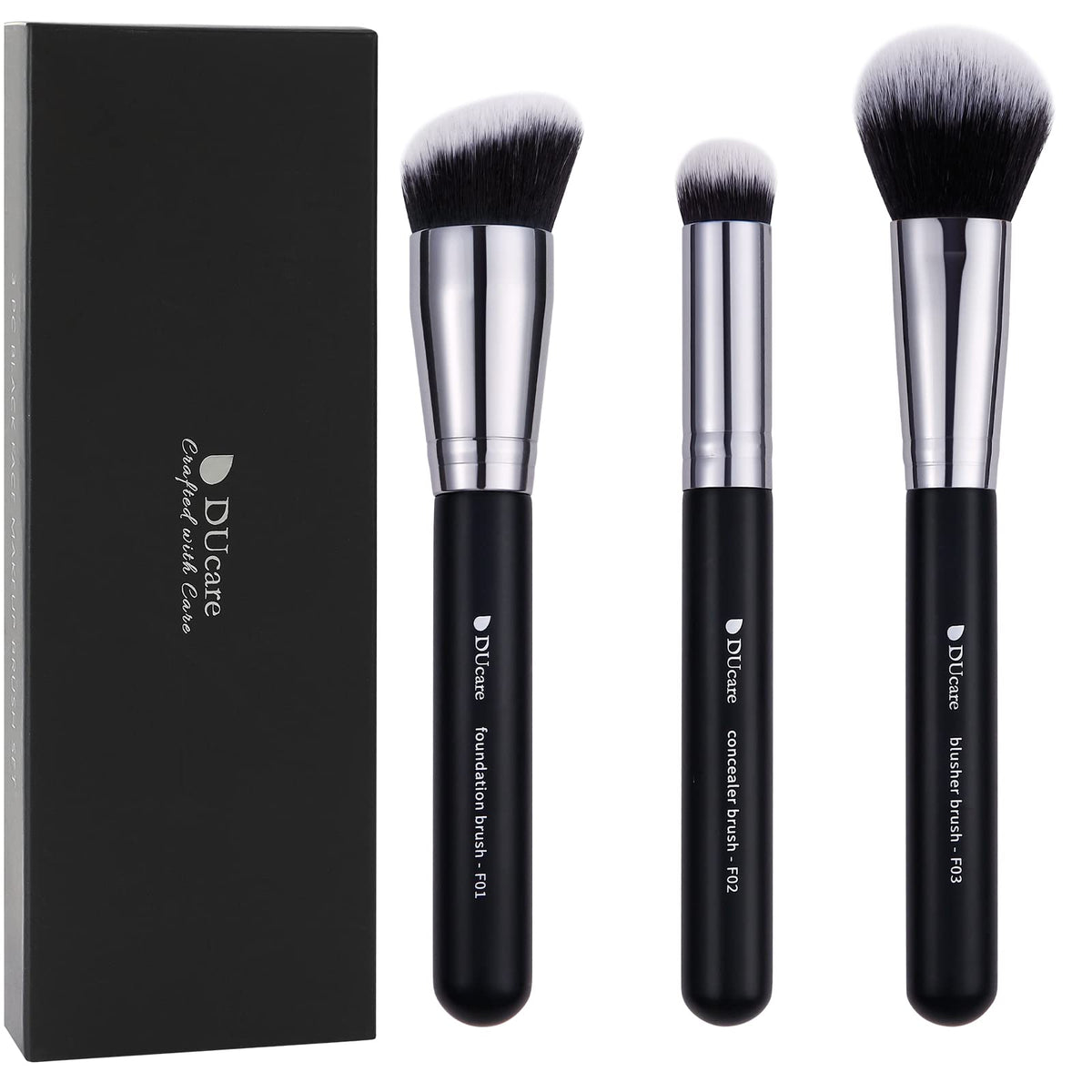 DUcare 3Pcs Makeup Kabuki Brush Set - Foundation, Concealer & Blusher - Black