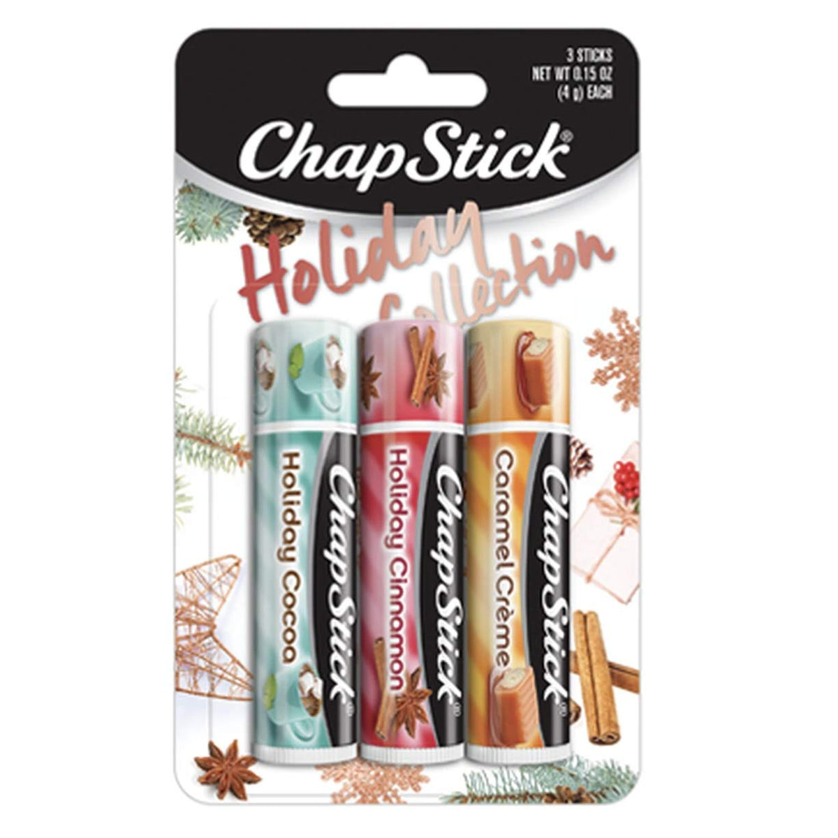 Chapstick Holiday Collection 2017 - 3 Pack Cinnamon, Caramel Creme & Cocoa, 0.15 Oz Each