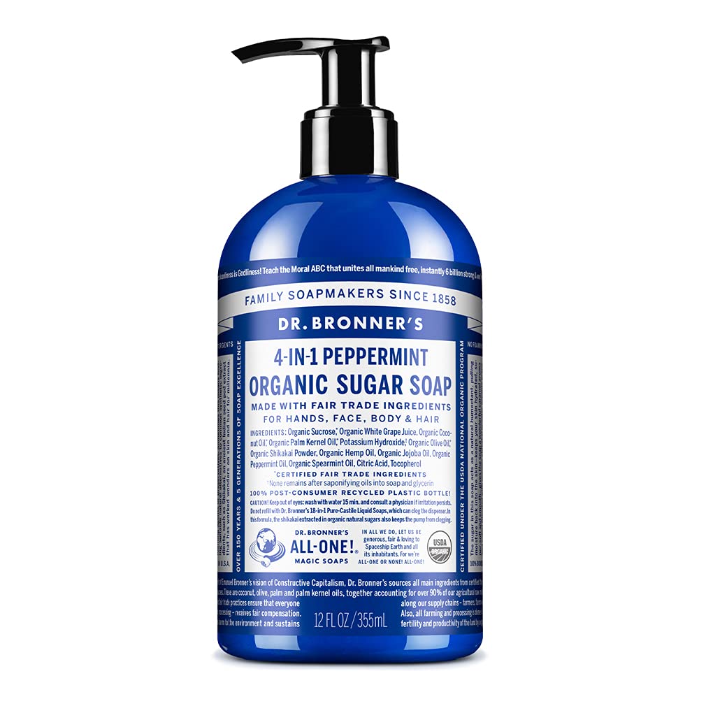 Dr. Bronner'S Organic Sugar Soap, Peppermint, 12 Oz - Vegan, Non-Gmo, Multi-Use Cleanser