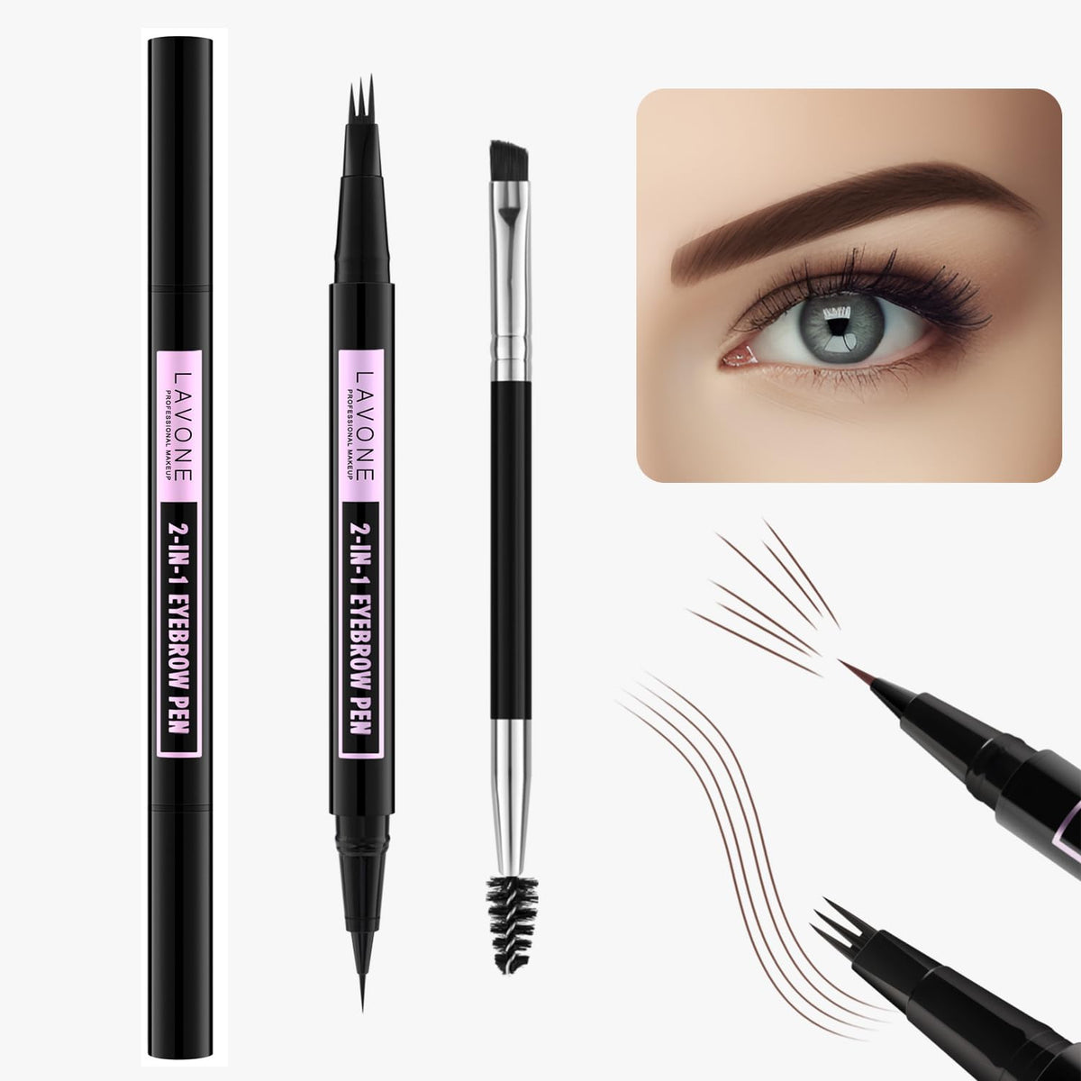 Lavone 2-In-1 Waterproof Eyebrow Pencil & Microblading Pen - Dark Coffee, Dual-Ended Brush