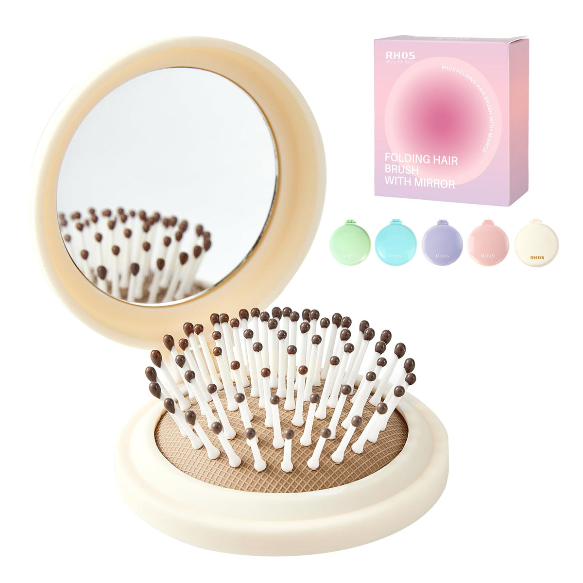 Rhos Compact Foldable Hair Brush With Mirror - Portable Travel Brush For Women, Men & Kids, Beige