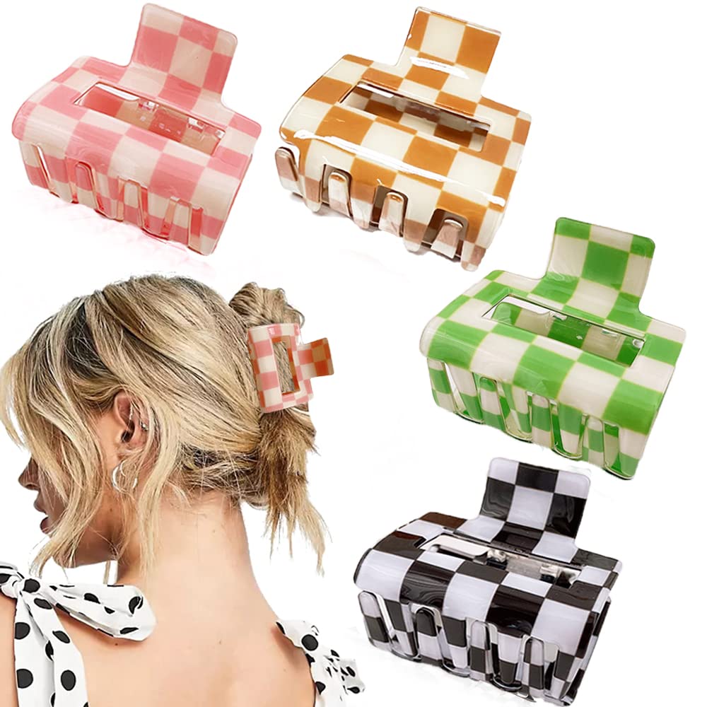 Ahoney 4 Pack Checkered Claw Clips 2&quot; For Thin Hair - Cute Y2K Accessories, Aesthetic Barrettes