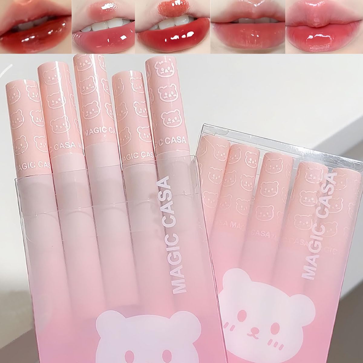 Pakivs 5Pcs Bear Lip Glaze Jelly Lipstick Set A - Waterproof, Moisturizing, Long Lasting Lip Tint