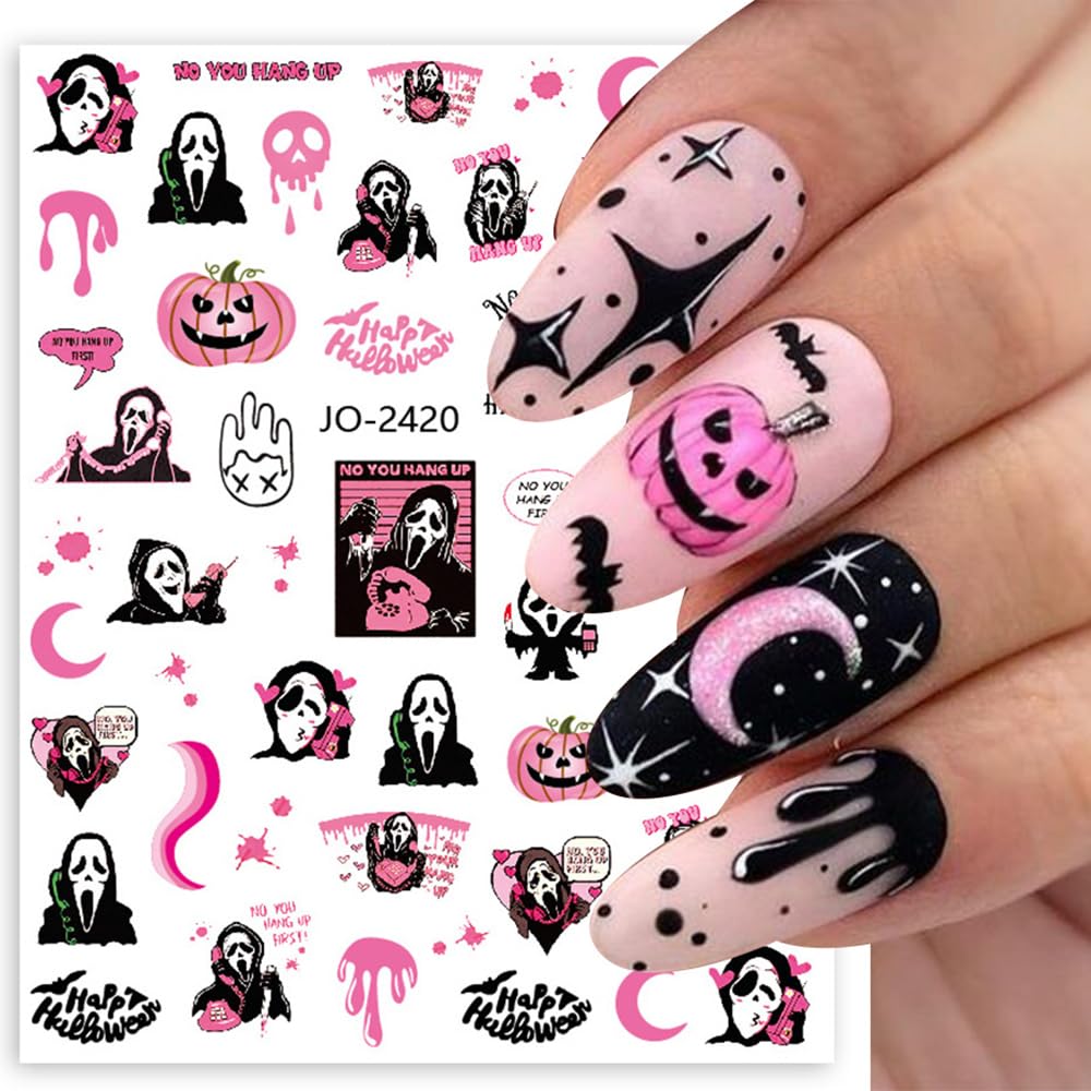 Haimiti 6 Sheets Halloween Nail Art Stickers - 3D Witch Cat Skull Pumpkin Decals For Diy Manicure