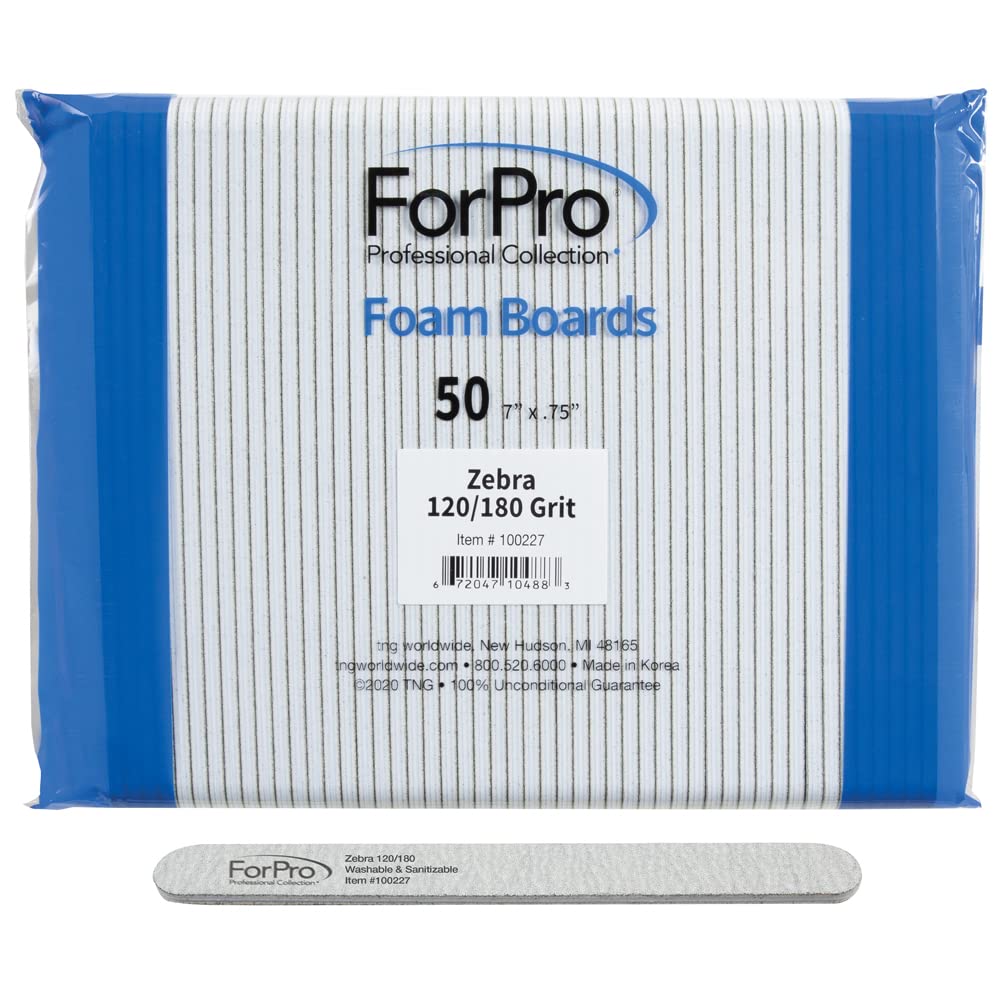 Forpro Zebra Foam Board Nail Files, 120/180 Grit, Double-Sided, 7” L, 50-Count