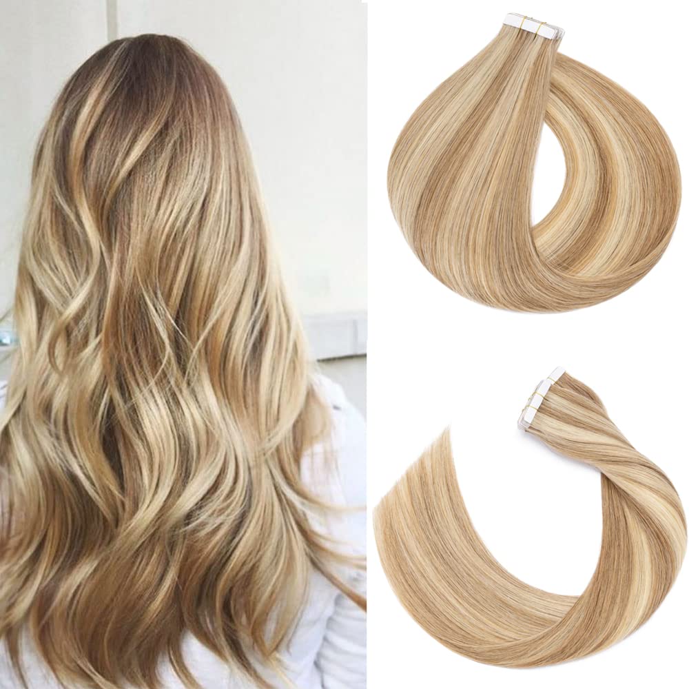 Rich Choices Tape In Hair Extensions 16&quot; Remy Human Hair 50G Balayage Golden Brown Bleach Blonde