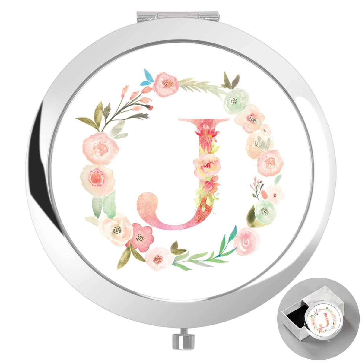 Boutikpro Personalized Compact Mirror With Box For Women - Floral Monogram, Silver, Ideal Gift