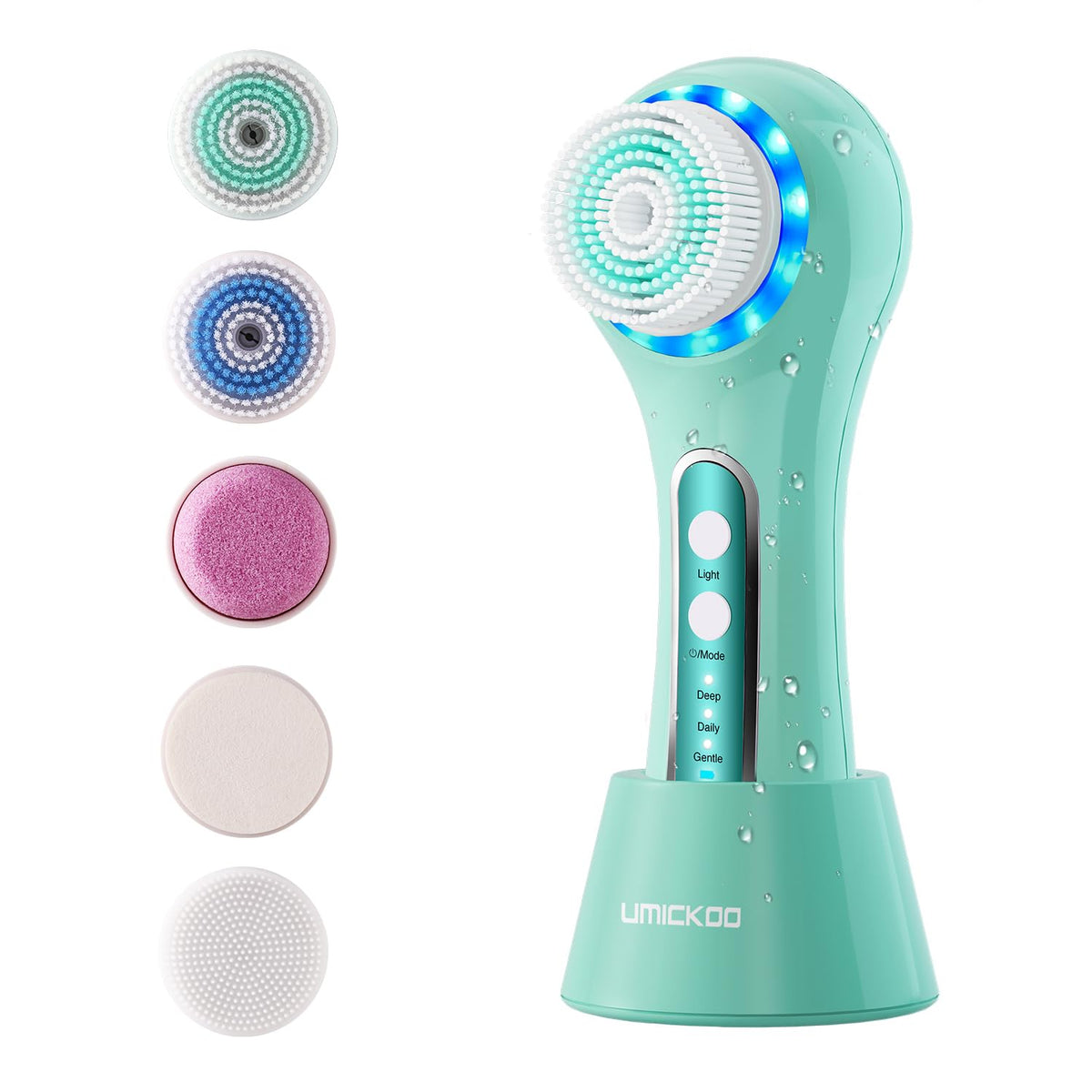 Umickoo Mint Green Face Scrubber Exfoliator - Rechargeable Waterproof Brush With 5 Heads