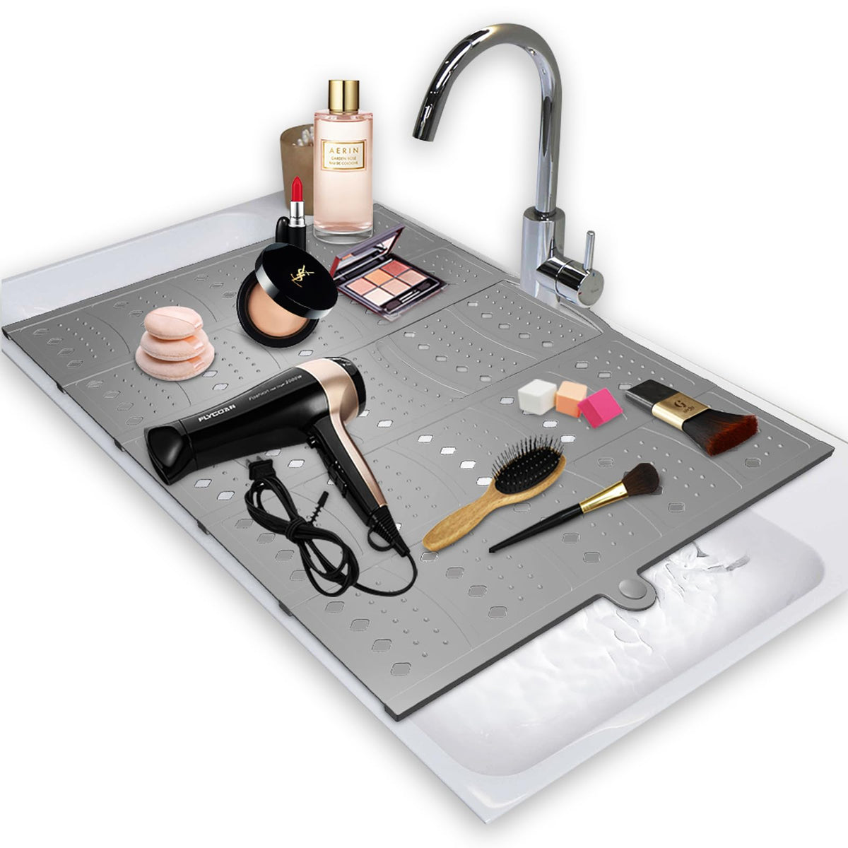 Brian & Dany Gray Makeup Mat - Foldable Sink Cover & Organizer, 19.3&quot; X 15.5&quot;, Rv