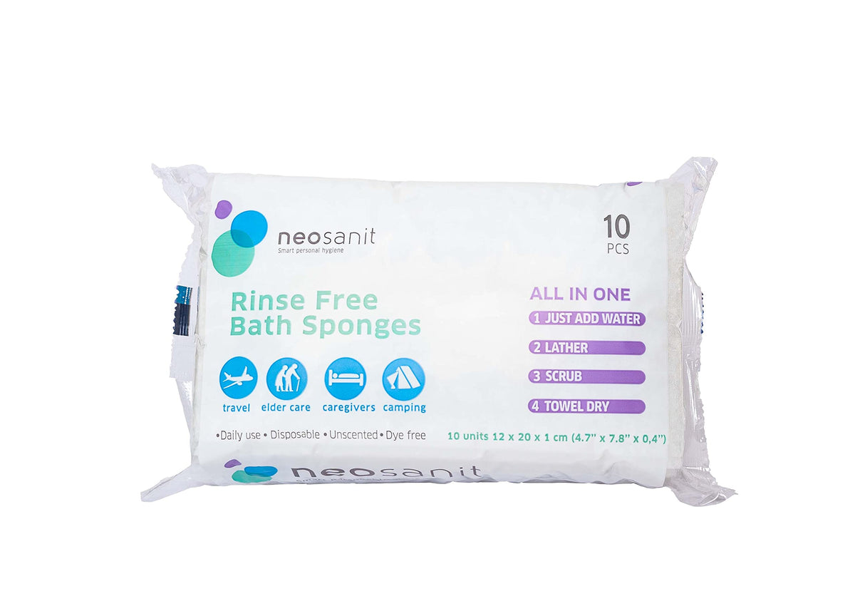 Neosanit Rinse-Free Soap Infused Bath Sponge - Hypoallergenic Shower Wipes, Pack Of 10 Units