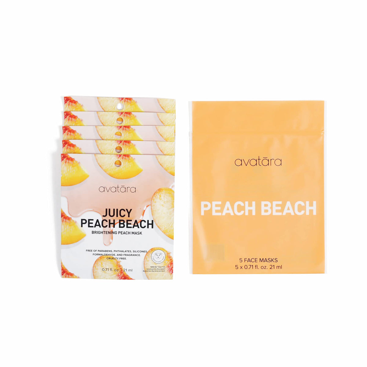 Avatara Juicy Peach Brightening Facial Mask - Hydrating Sheet Masks With Peach Extract, 5 Sheets