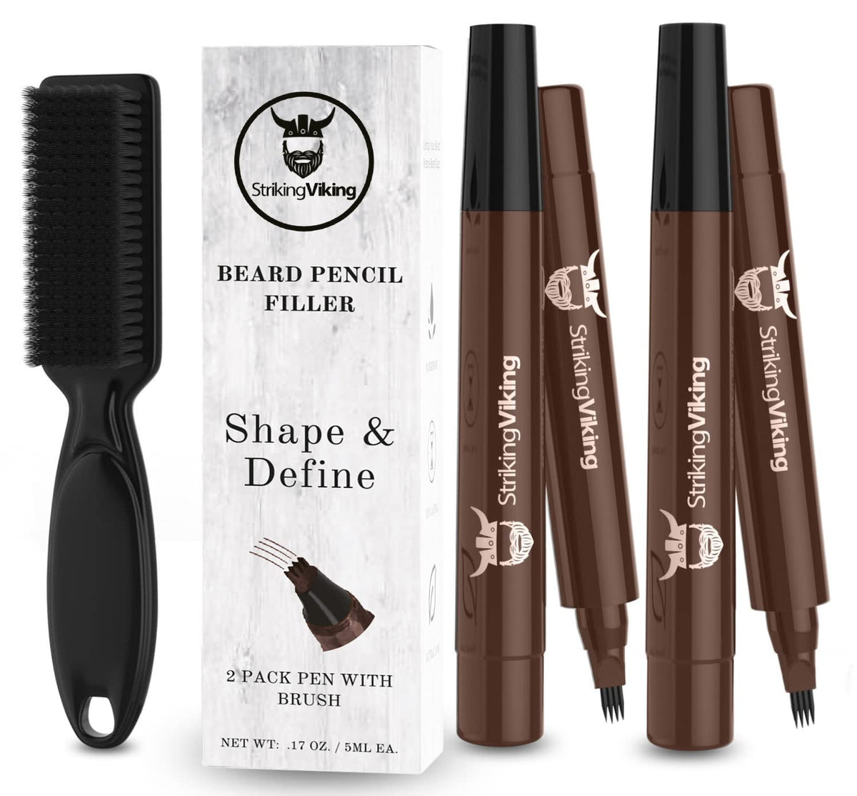 Striking Viking 4-Tip Beard Pencil Filler For Men, Dark Brown - Waterproof Beard Pen Kit (2 Pack)