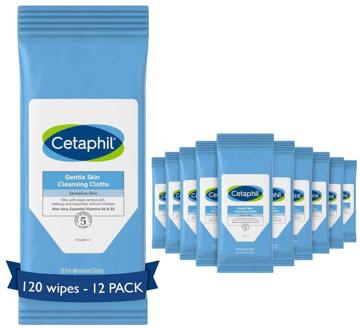 Cetaphil Gentle Skin Cleansing Wipes, Hypoallergenic, Fragrance-Free, 10 Count (Pack Of 12)