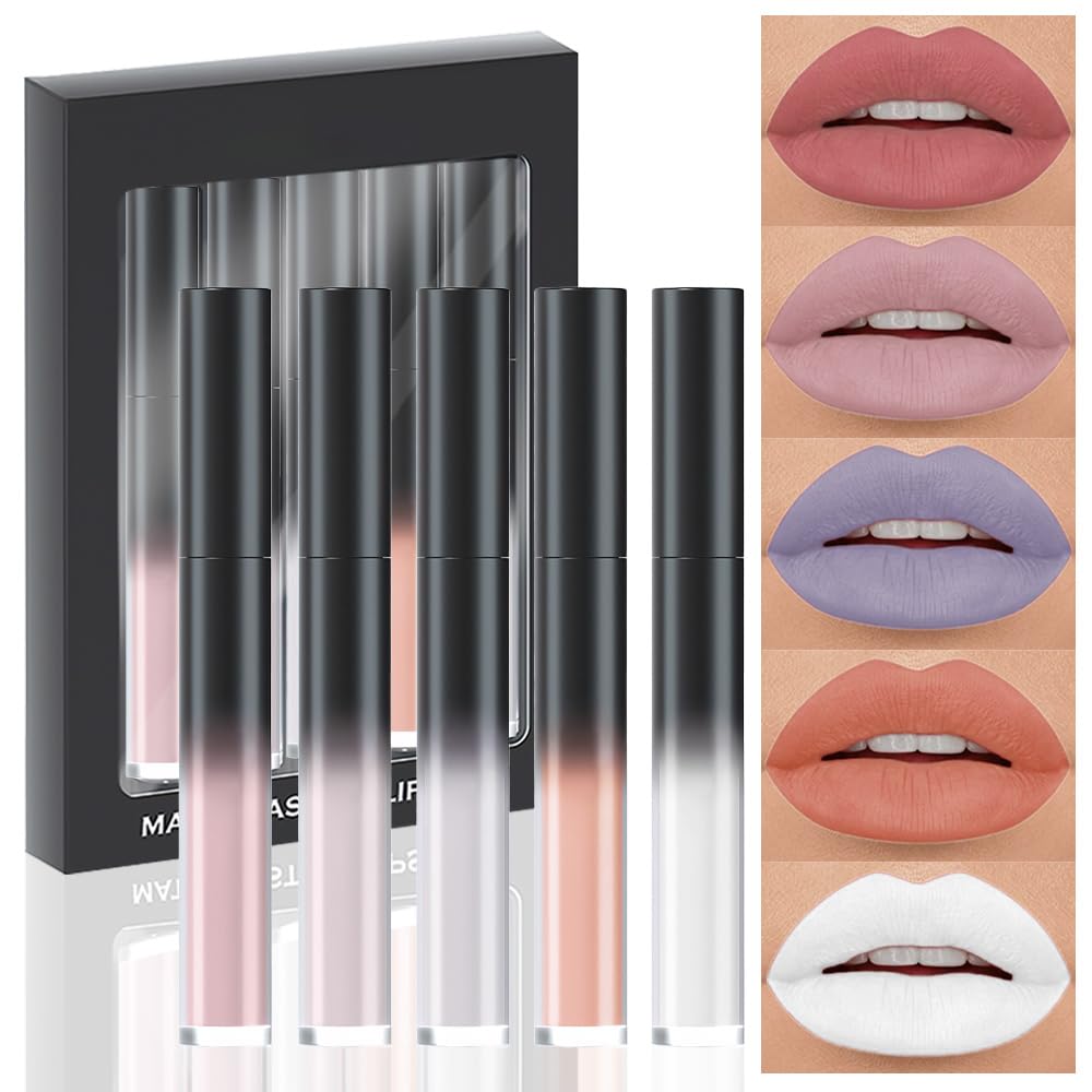 Evpct 5Pcs Matte Liquid Lipstick Set - Dusty Rose, Mauve, Nude, Grey, Waterproof, Long Lasting