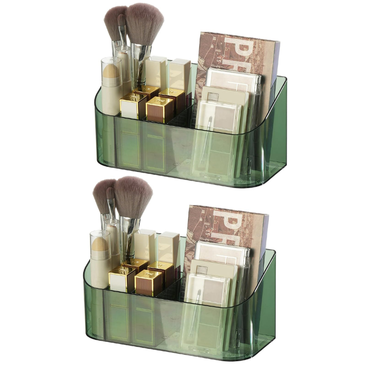 Sunficon 2 Pack Green Acrylic Makeup Trays Organizers For Vanity, Bathroom, And Countertop Storage