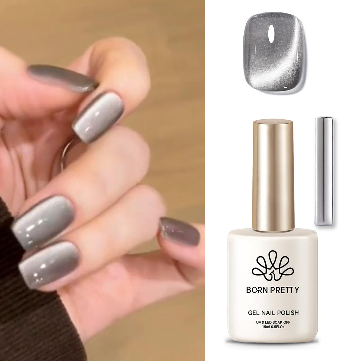 Born Pretty Moonlight Grey Cat Magnetic Gel Nail Polish - 15Ml Shiny Effect Soak Off