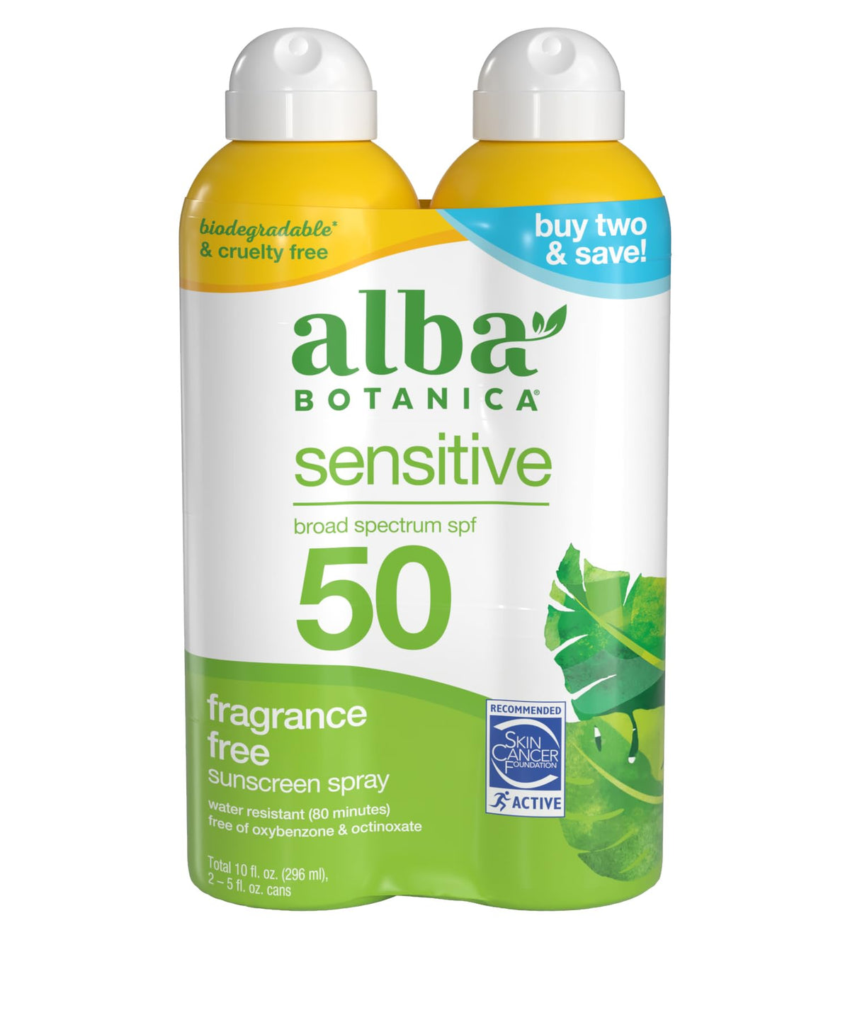 Alba Botanica Sensitive Sunscreen Spray Spf 50, Fragrance-Free, Water Resistant, 5 Fl Oz (2-Pack)