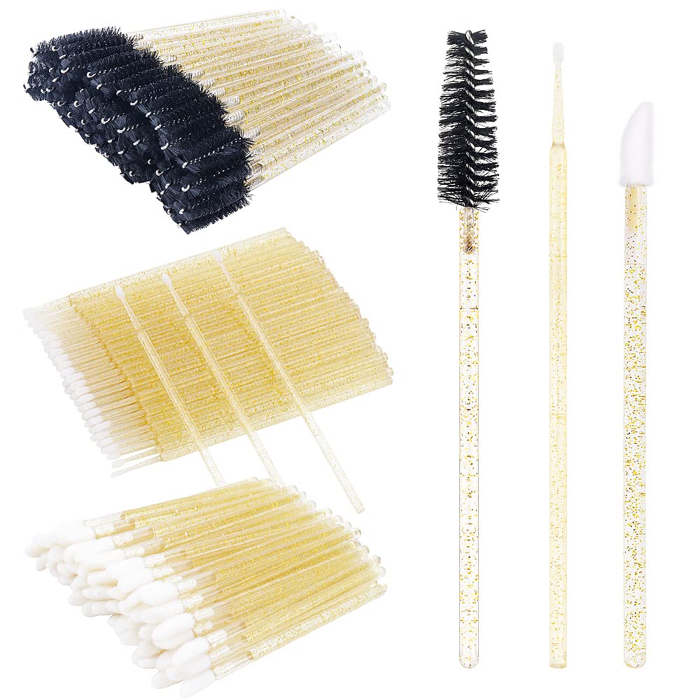 Mekupeu 300 PCS Eyelash Extension Supplies - Gold Micro Swab Brush & Mascara Applicator Set