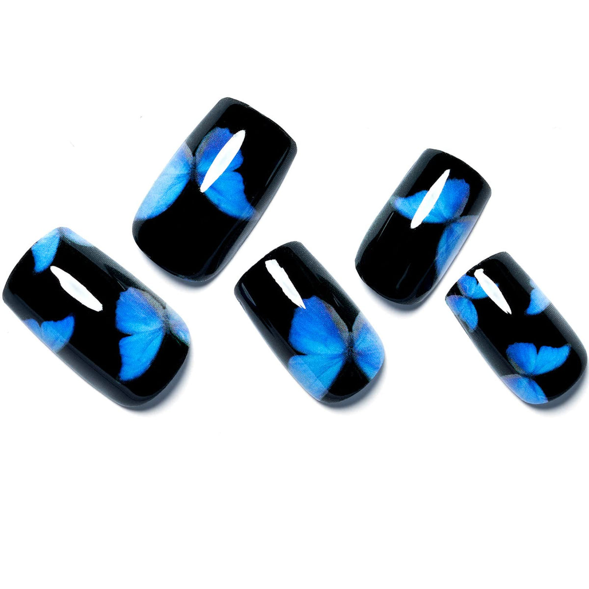 GLAMERMAID Black Press on Nails Short Square Shape with Blue Y2K Butterfly Design - Reusable