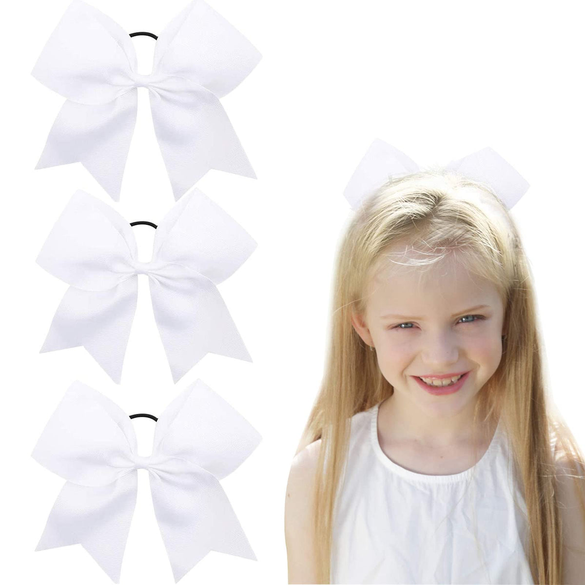 OAOLEER 8&quot; Jumbo Cheer Bows - White Elastic Ponytail Holders for Girls (3PCS)