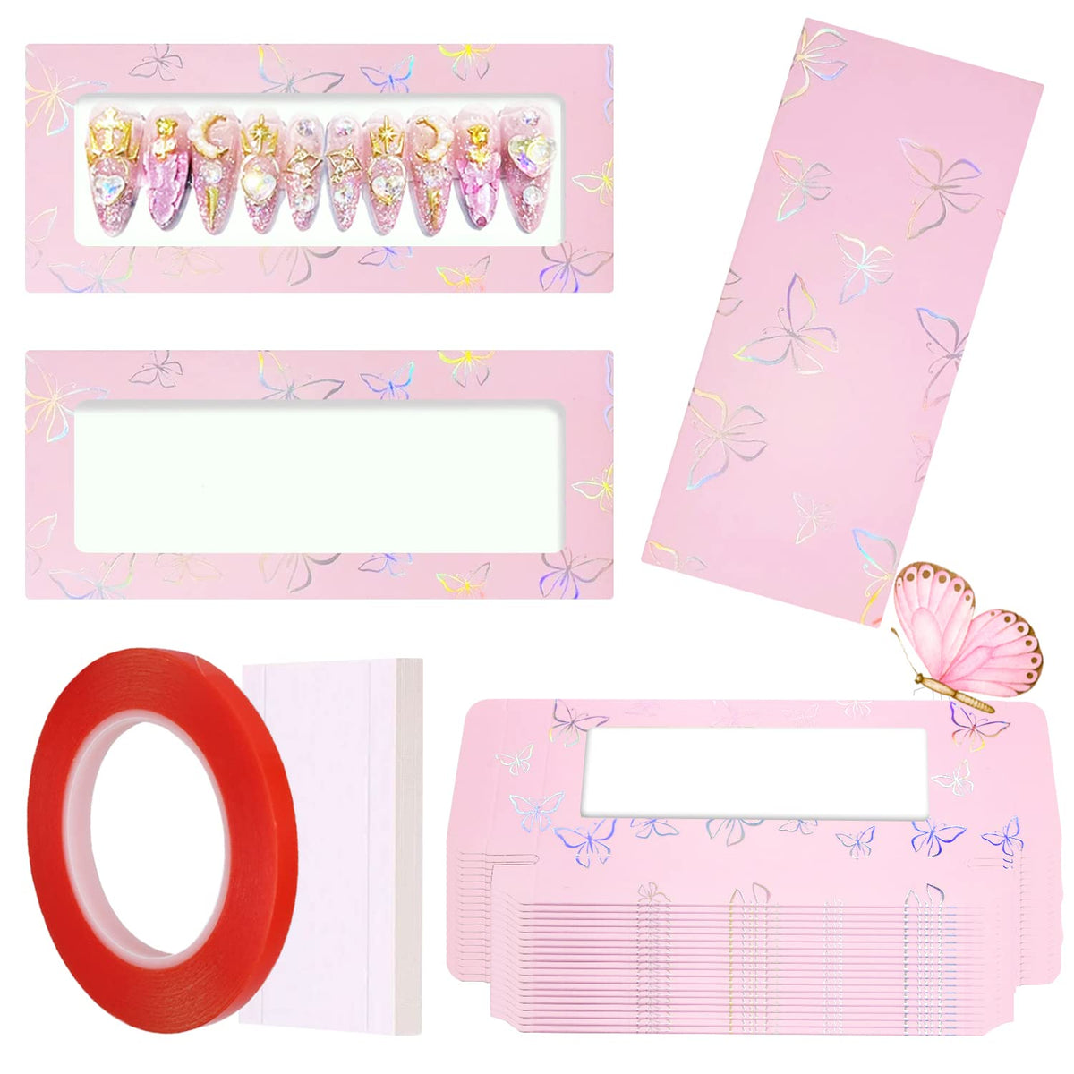 Hlqhxwhzt 35 Pcs Pink Empty Press On Nails Packaging Box Set With Tape & Background Papers