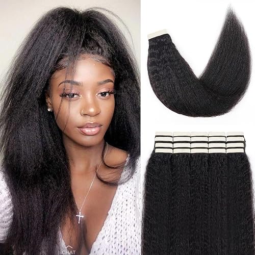 Smartinnov 24 Inch Tape In Extensions - Kinky Straight Brazilian Human Hair, 20Pcs, 50G