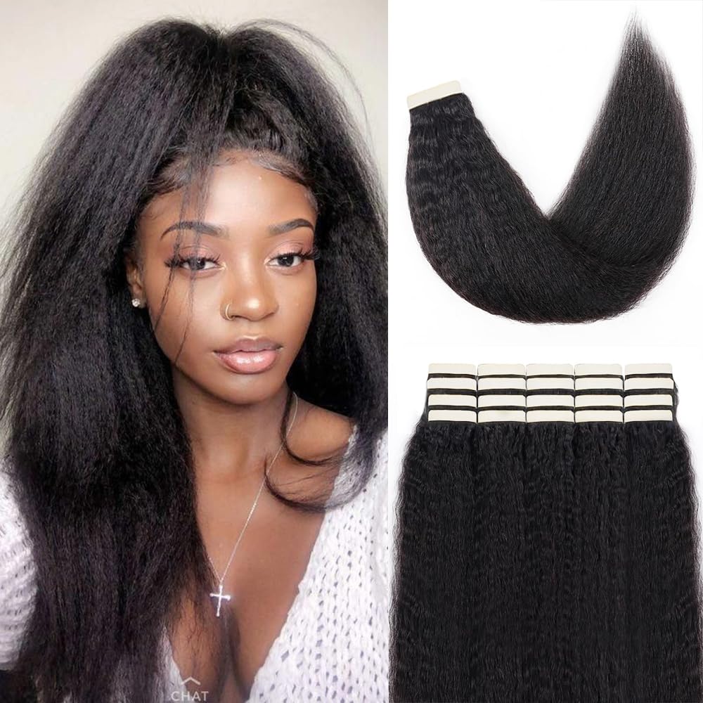 Smartinnov 22&quot; Kinky Straight Tape In Hair Extensions, 50G, 20Pcs, Real Human Hair, Natural Black