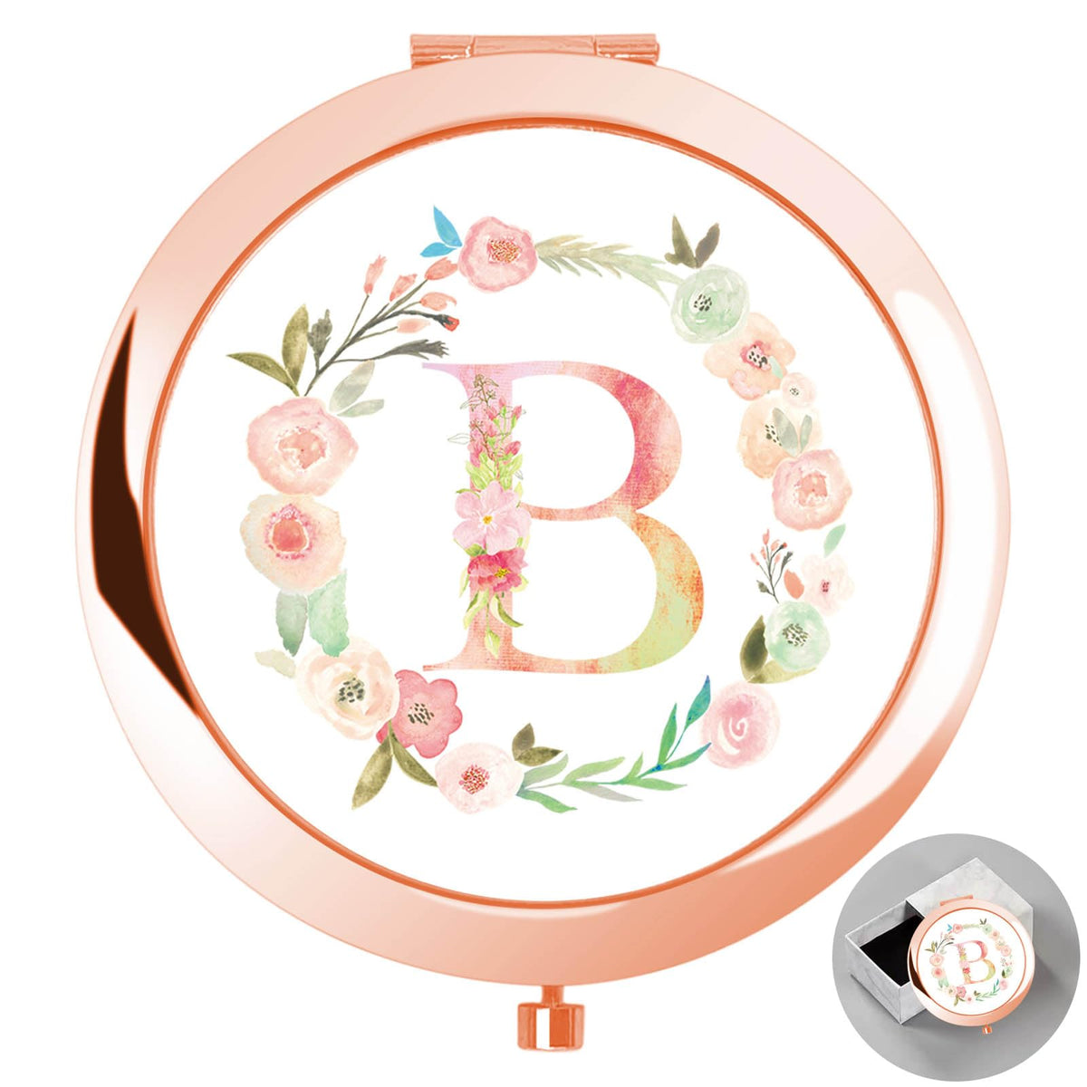 Boutikpro Personalized Compact Mirror With Floral Monogram, Rose Gold, Ideal Gift For Women