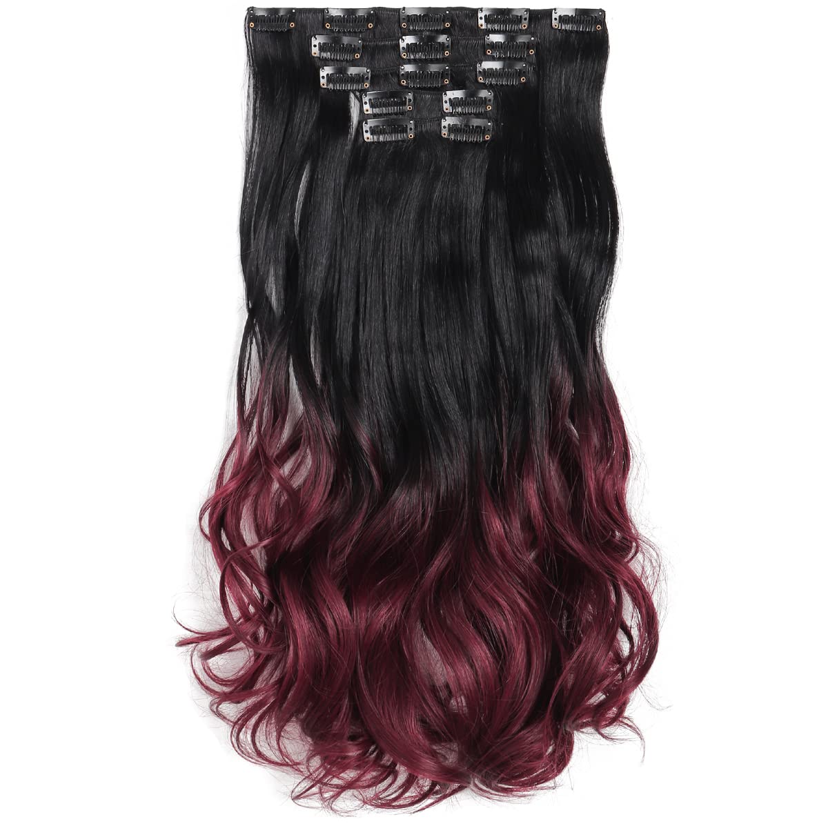 Hspjhtm 18&quot; Wavy Burgundy To Black Clip-In Hair Extensions For Women - 5 Pcs Synthetic Full Head